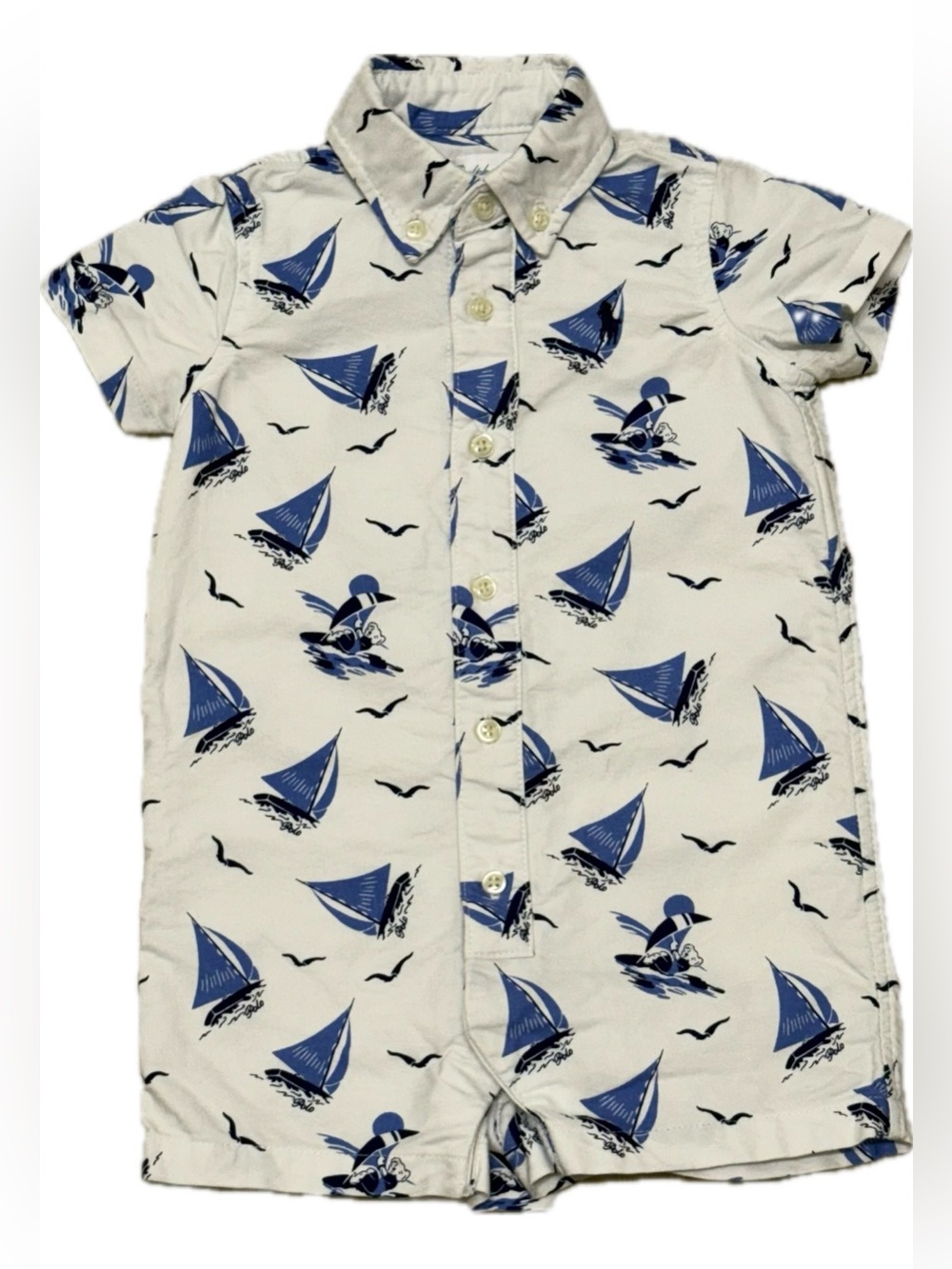 Polo by Ralph Lauren White Button-Front Sailboat Romper with Blue Print